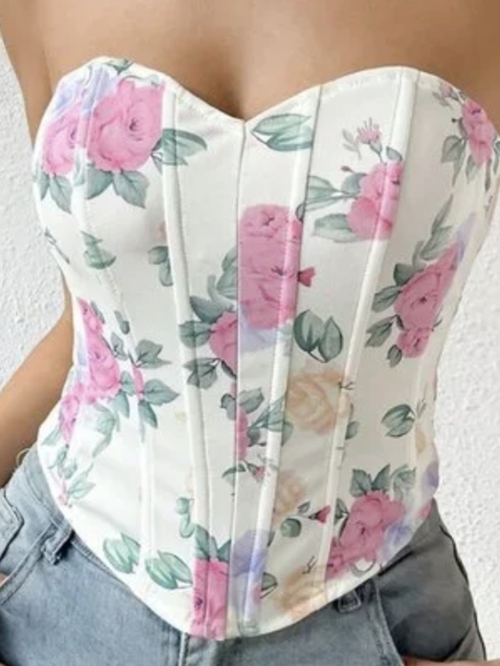 Commense  Floral Strapless Corset Top with Pink Roses L NWT